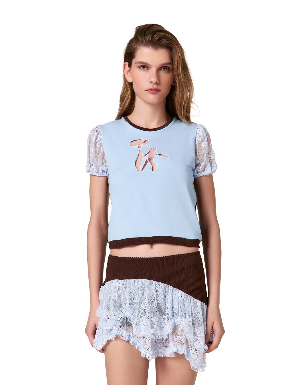 Light blue T-shirt with brown trim, lace puff sleeves, and dancer graphic