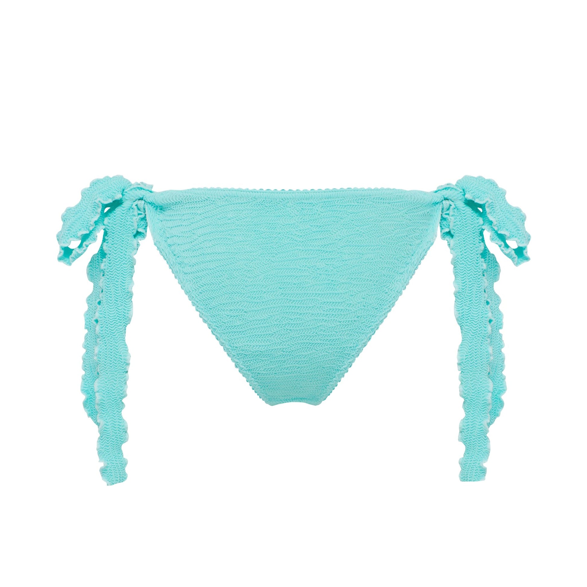 Mint bikini tanga bottoms with lace trim and side tie tassels