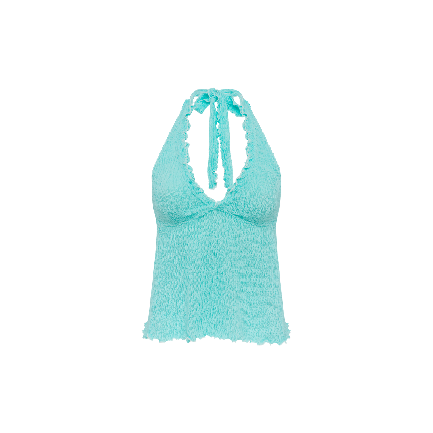 Mint tankini top with tie halter neckline and ruched front
