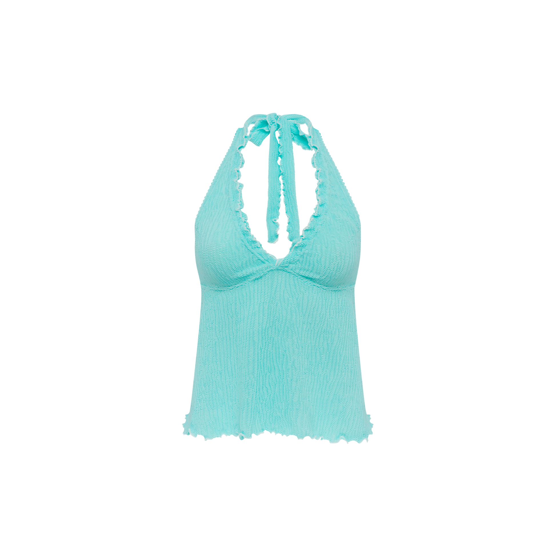 Mint tankini top with tie halter neckline and ruched front
