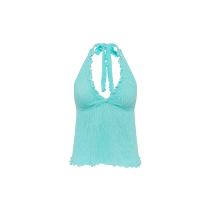Mint tankini top with tie halter neckline and ruched front