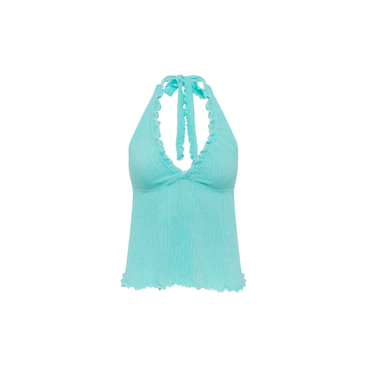 Mint tankini top with tie halter neckline and ruched front