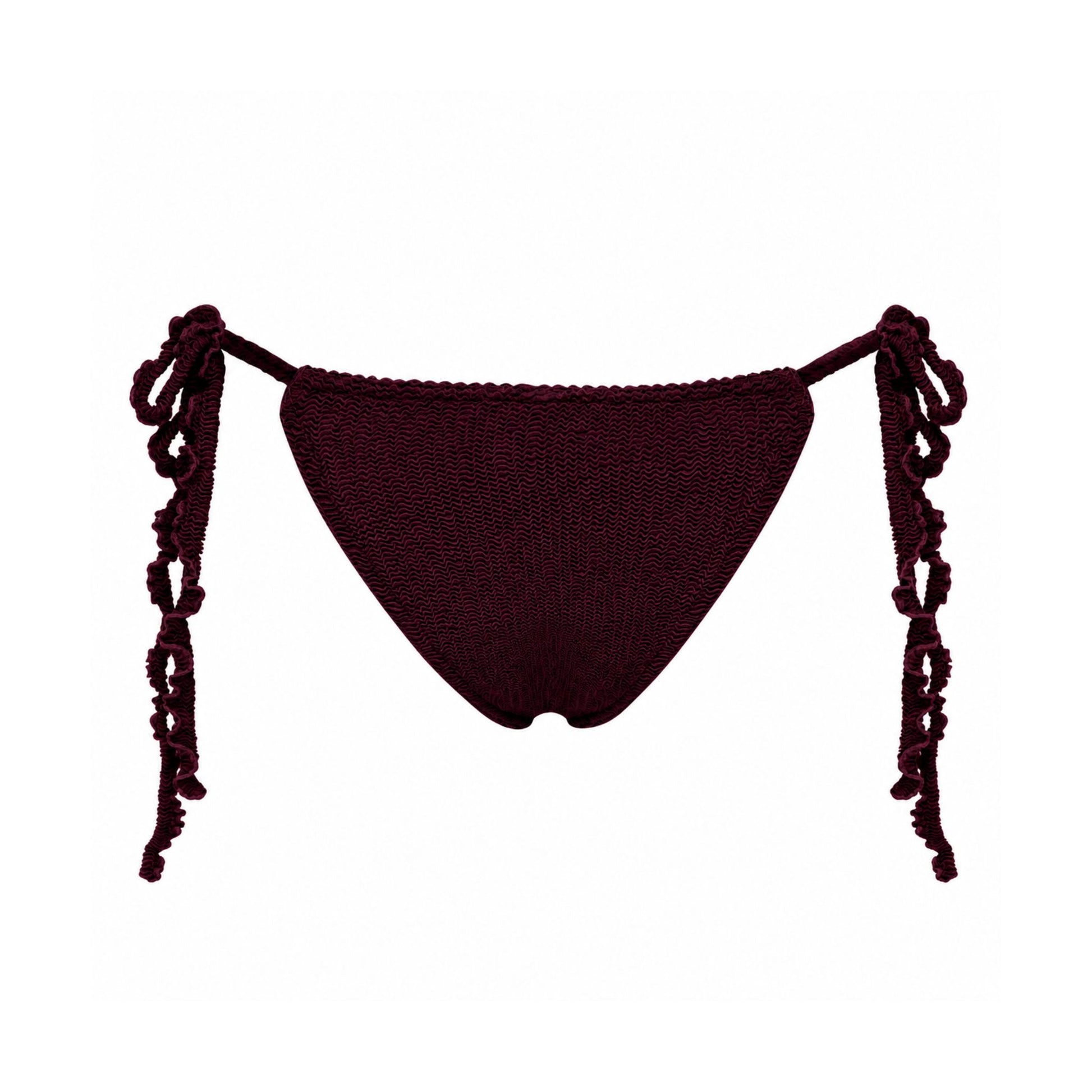 Bikini bottoms with tassel ties, dark burgundy triangle bikini cut