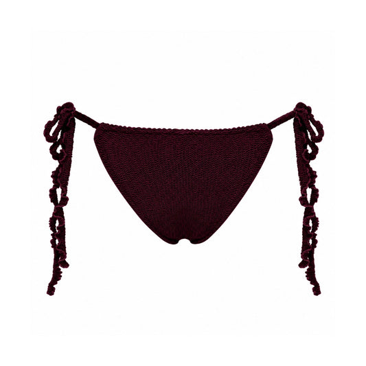 Bikini bottoms with tassel ties, dark burgundy triangle bikini cut
