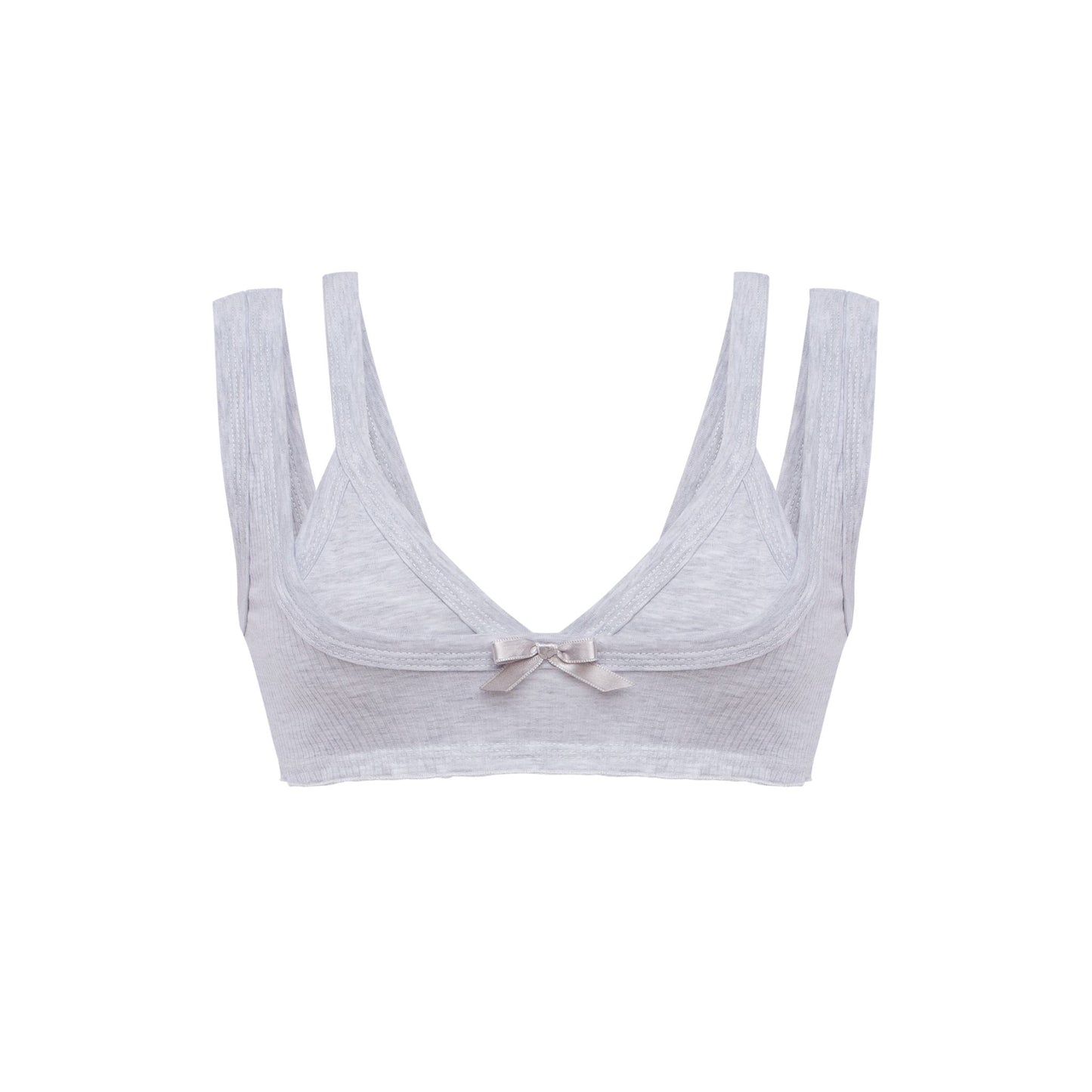 Gray bralette top with underwire cups, thin straps, and bow detail at center front.