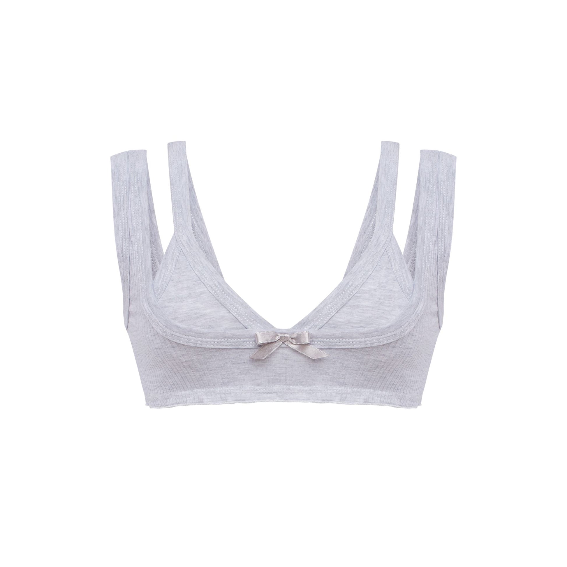 Gray bralette top with underwire cups, thin straps, and bow detail at center front.