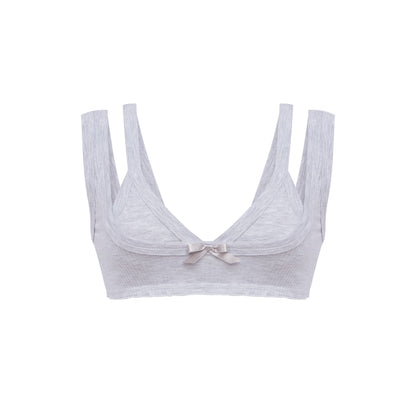 Gray bralette top with underwire cups, thin straps, and bow detail at center front.