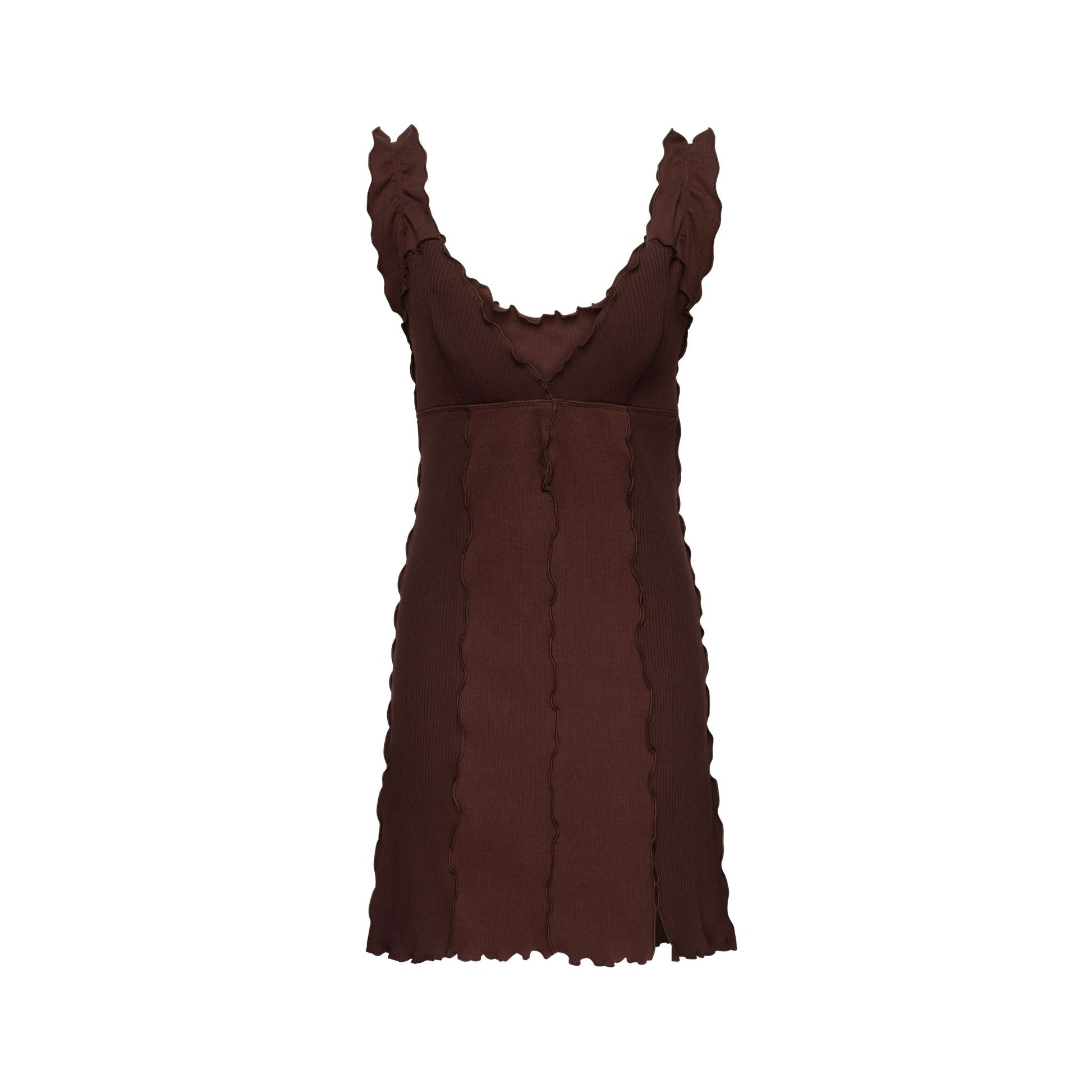 Dark brown sleeveless dress, deep V-neck, ruffled shoulders, wavy texture