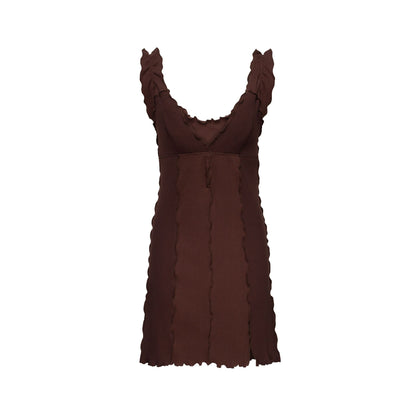 Dark brown sleeveless dress, deep V-neck, ruffled shoulders, wavy texture