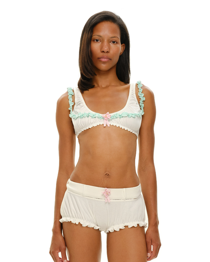 Ruffle-trim double bra set in white with light mint straps and pink bow