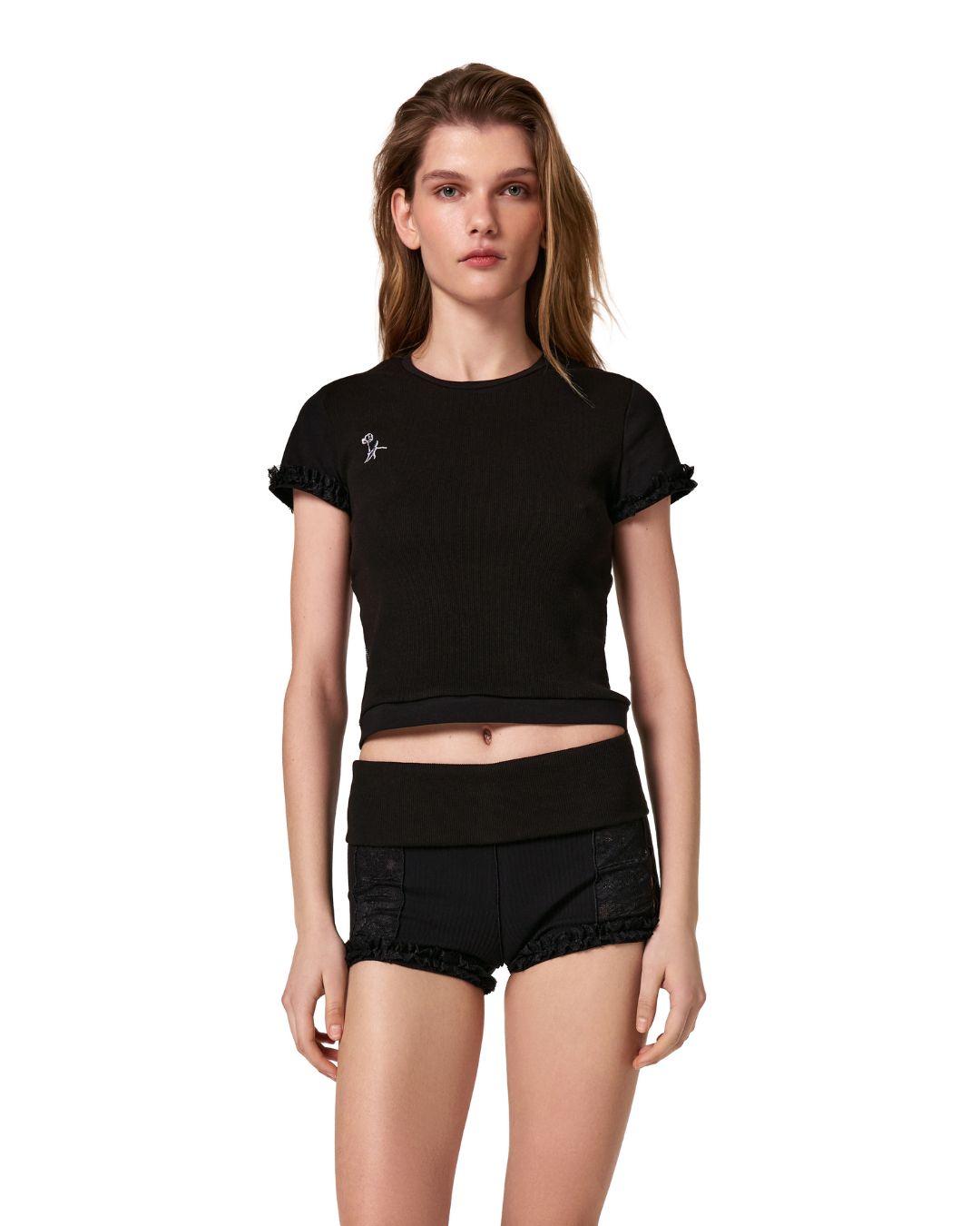 Shorts with Waistband and Lace in Black