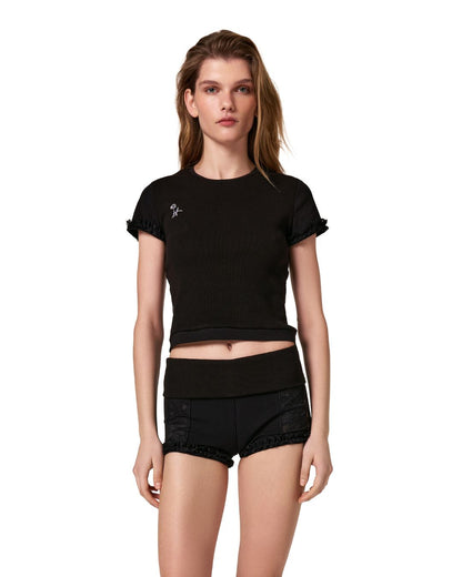 Shorts with Waistband and Lace in Black