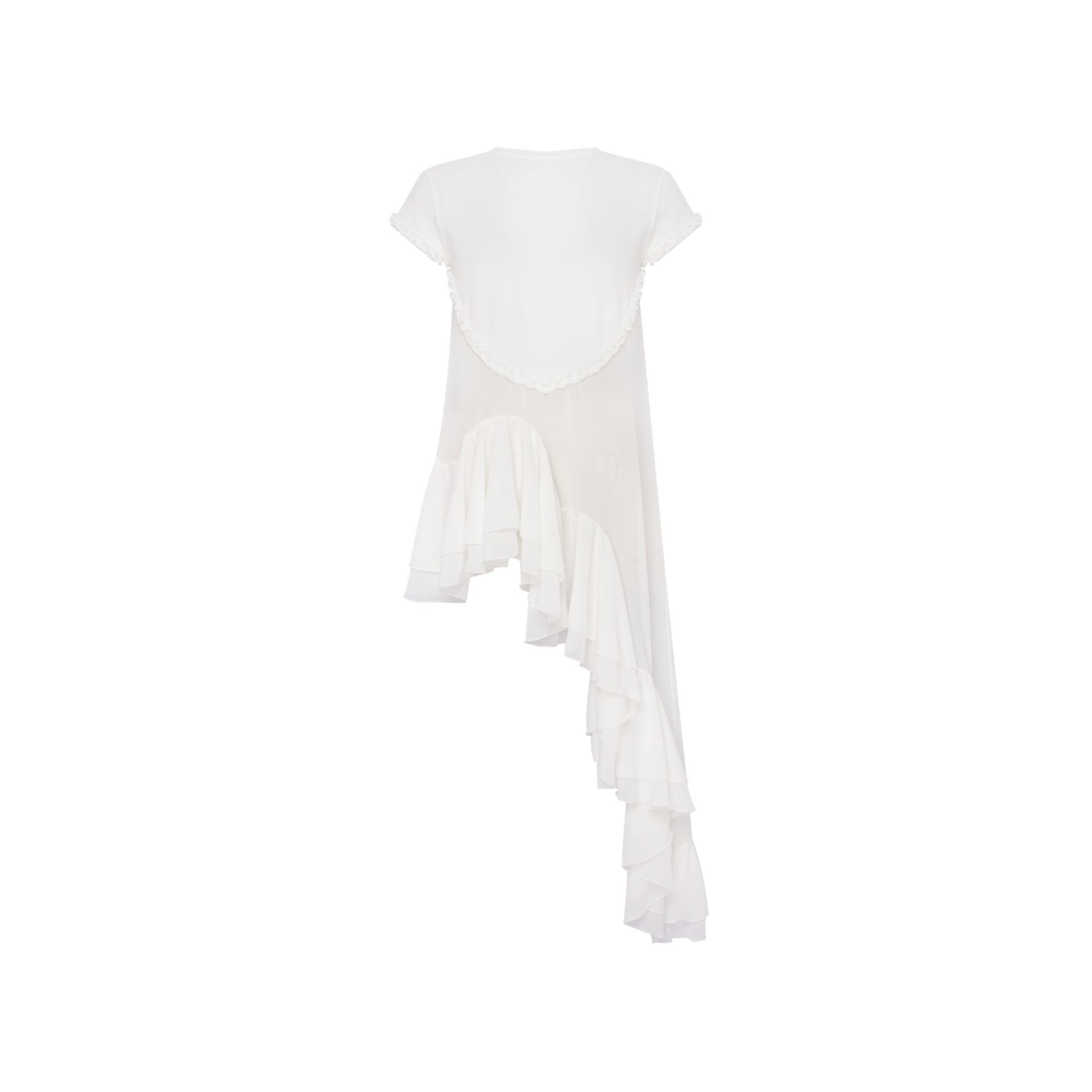 White ruffle top with heart-shaped back yoke and tiered ruffle hem