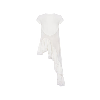 White ruffle top with heart-shaped back yoke and tiered ruffle hem