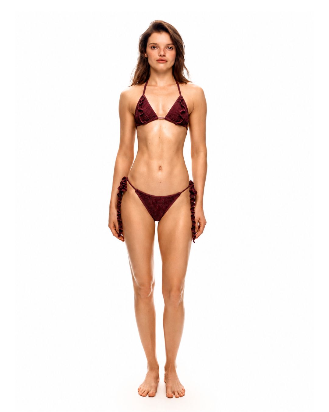 Brown bikini top triangle cups with ruffled trim and bow tie strings at center.