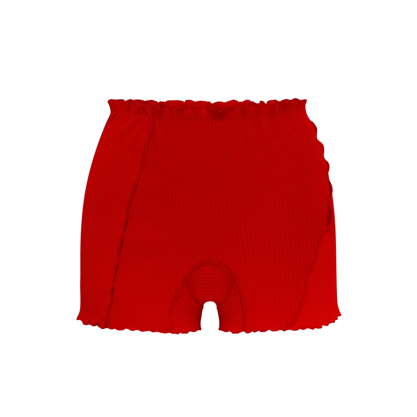 Red ribbed knit shorts with elastic waistband and scalloped hem