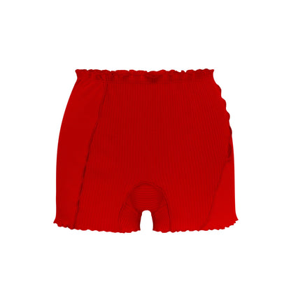 Red ribbed knit shorts with elastic waistband and scalloped hem