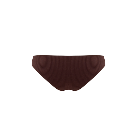 Brown seamless tanga underwear with wide waistband and smooth ribbed knit, side flat lay.