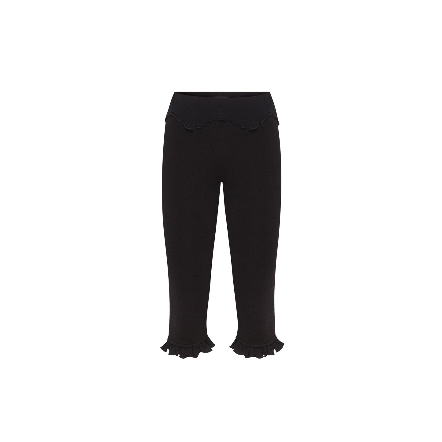 Black wavy capri pants with scalloped waistband and ruffled cuffs
