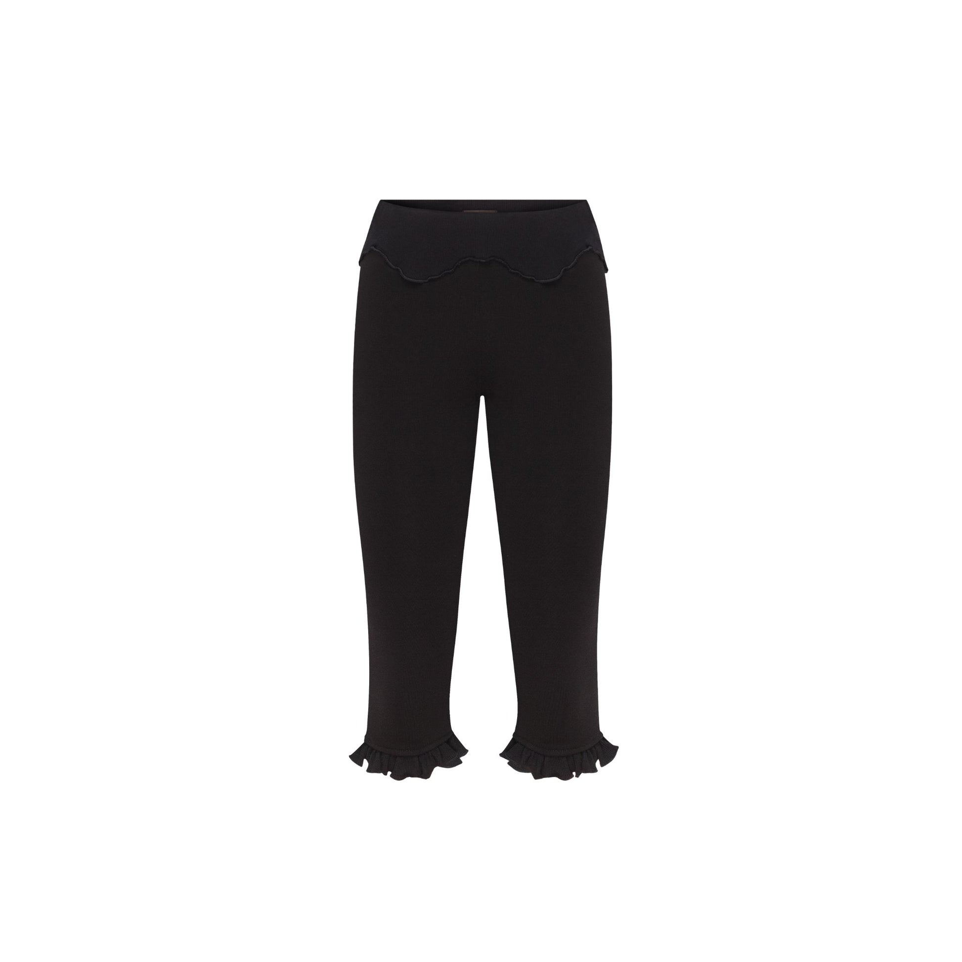 Black wavy capri pants with scalloped waistband and ruffled cuffs