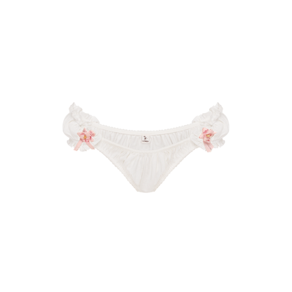 White thong with side rosette and gathered ruffle trim