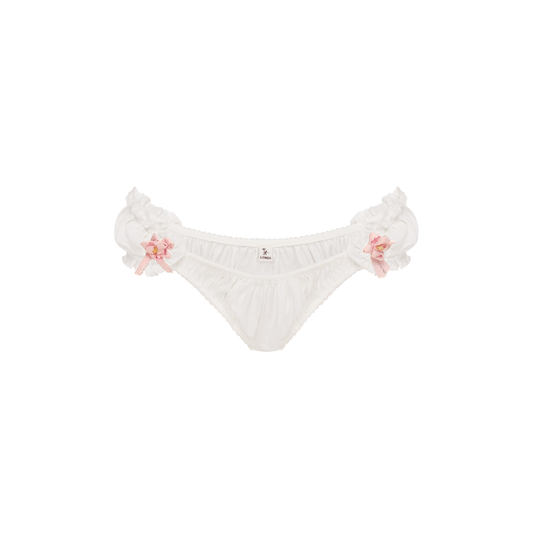 White thong with side rosette and gathered ruffle trim