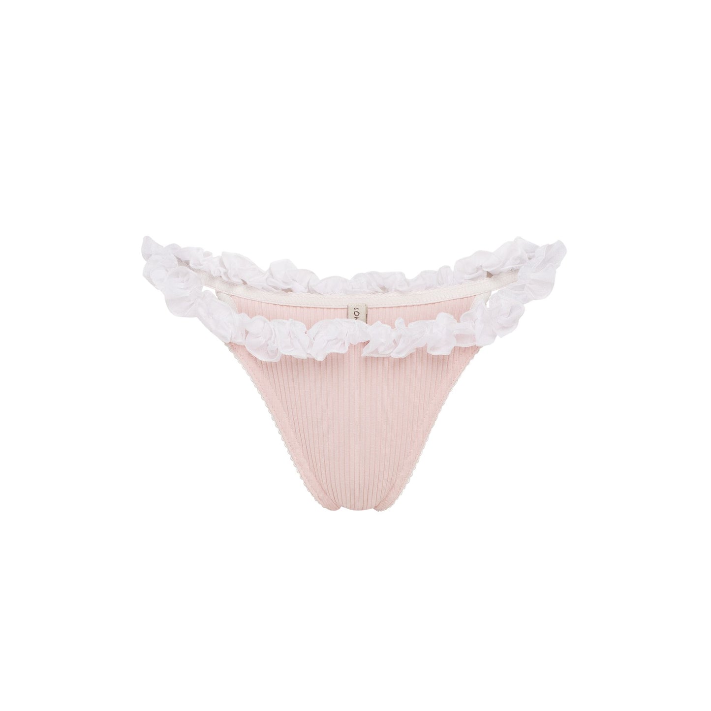 Pink ribbed tanga underwear with white ruffle trim along waistband and leg openings