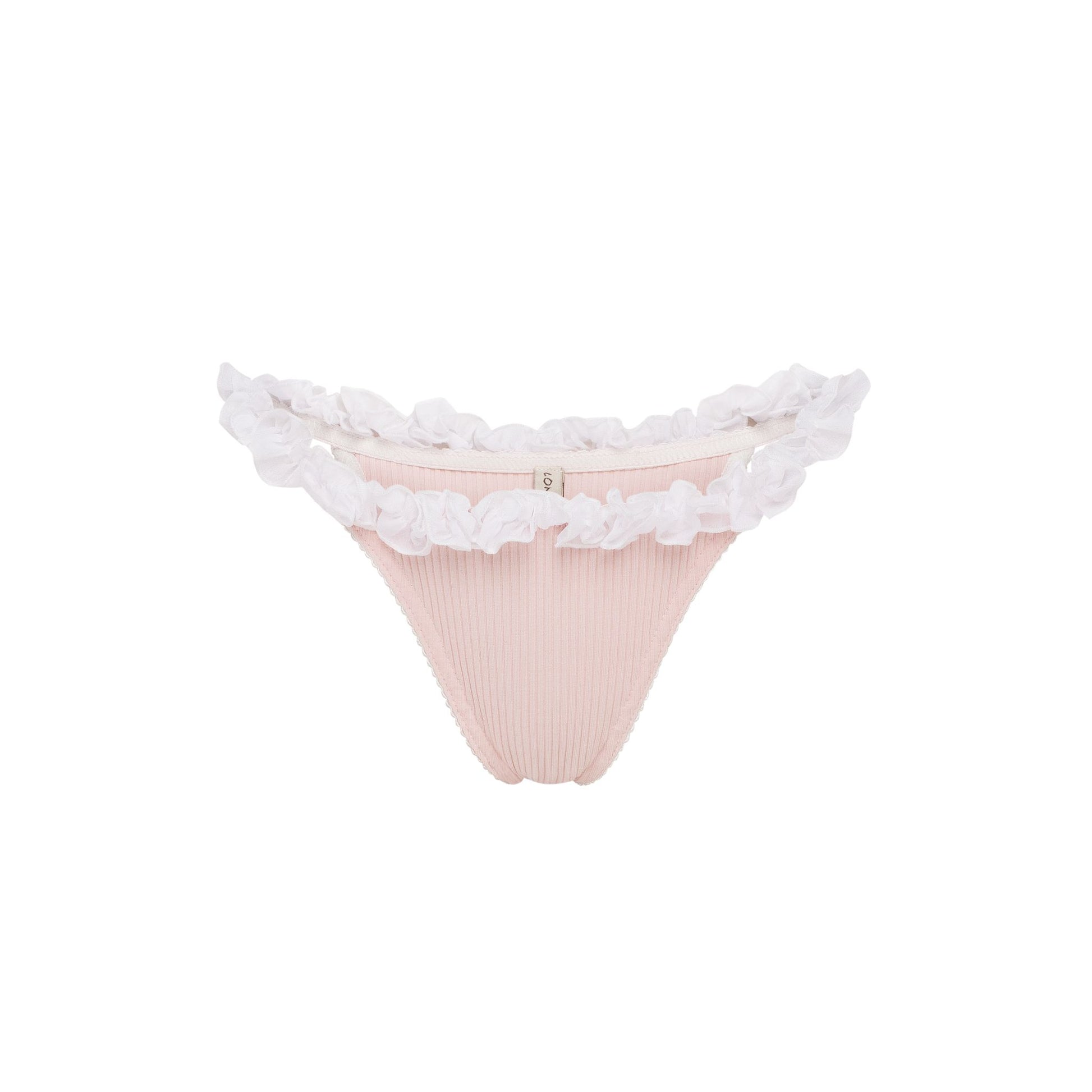 Pink ribbed tanga underwear with white ruffle trim along waistband and leg openings