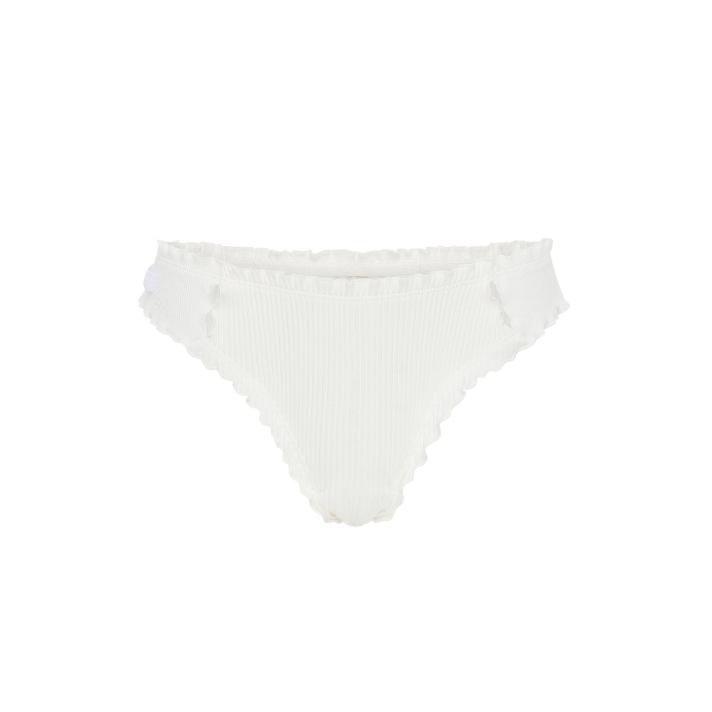 White tanga underwear with ribbed fabric and scalloped waistband and leg edges