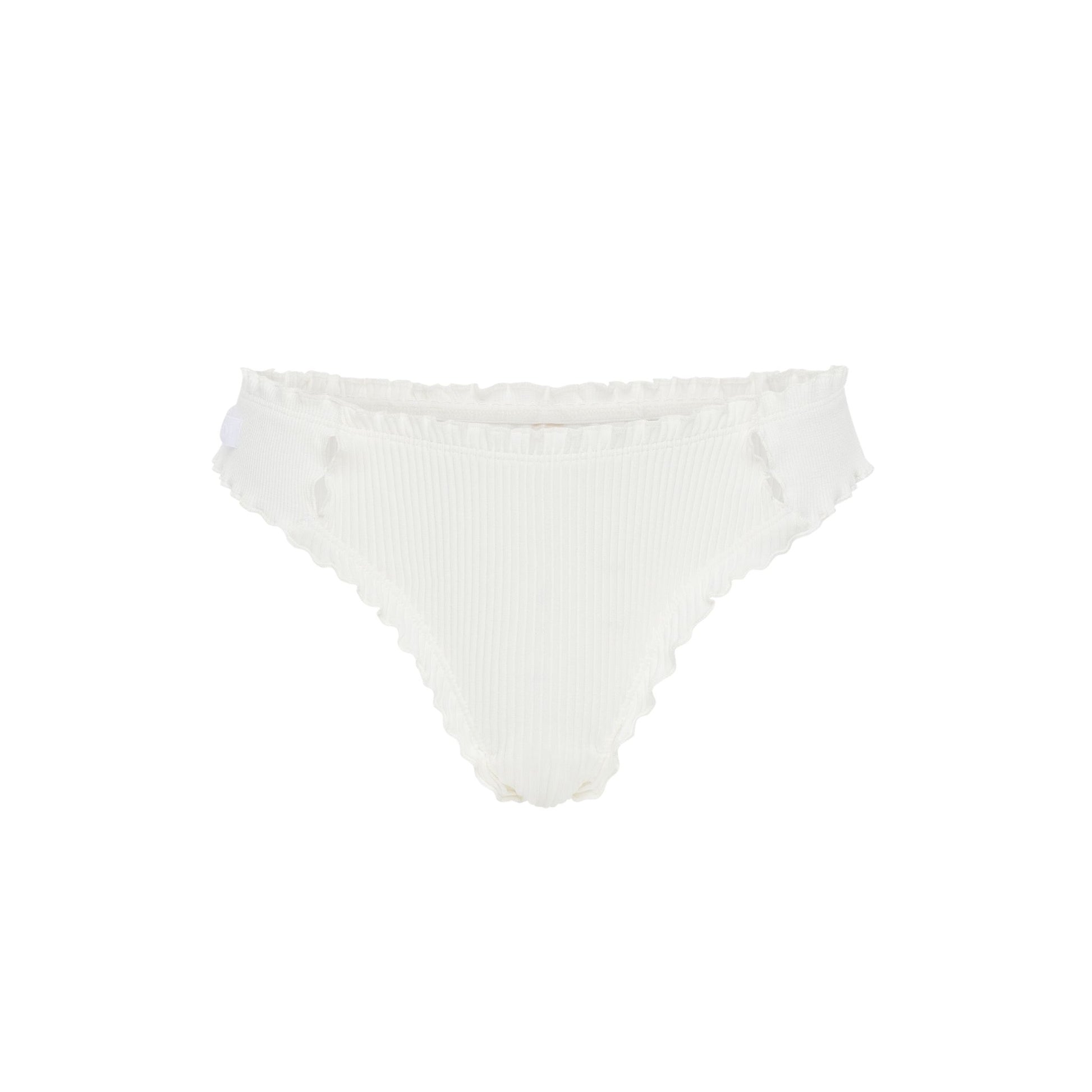 White tanga underwear with ribbed fabric and scalloped waistband and leg edges