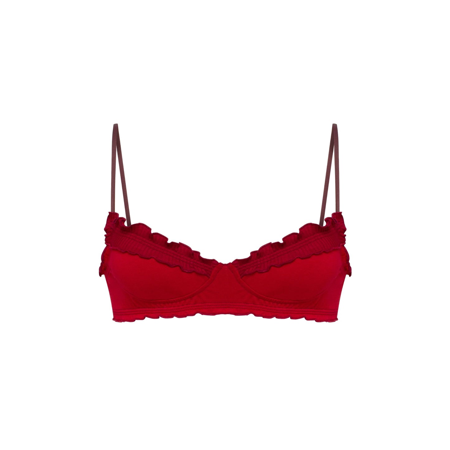 Burgundy wavy lace bralette with underwire cups and thin adjustable straps