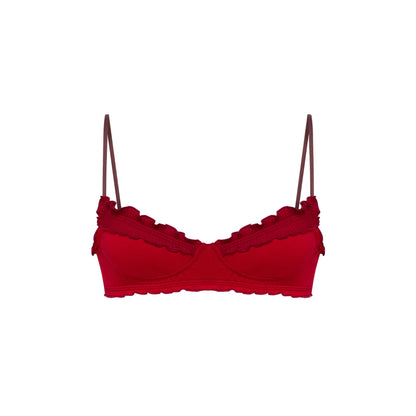 Burgundy wavy lace bralette with underwire cups and thin adjustable straps