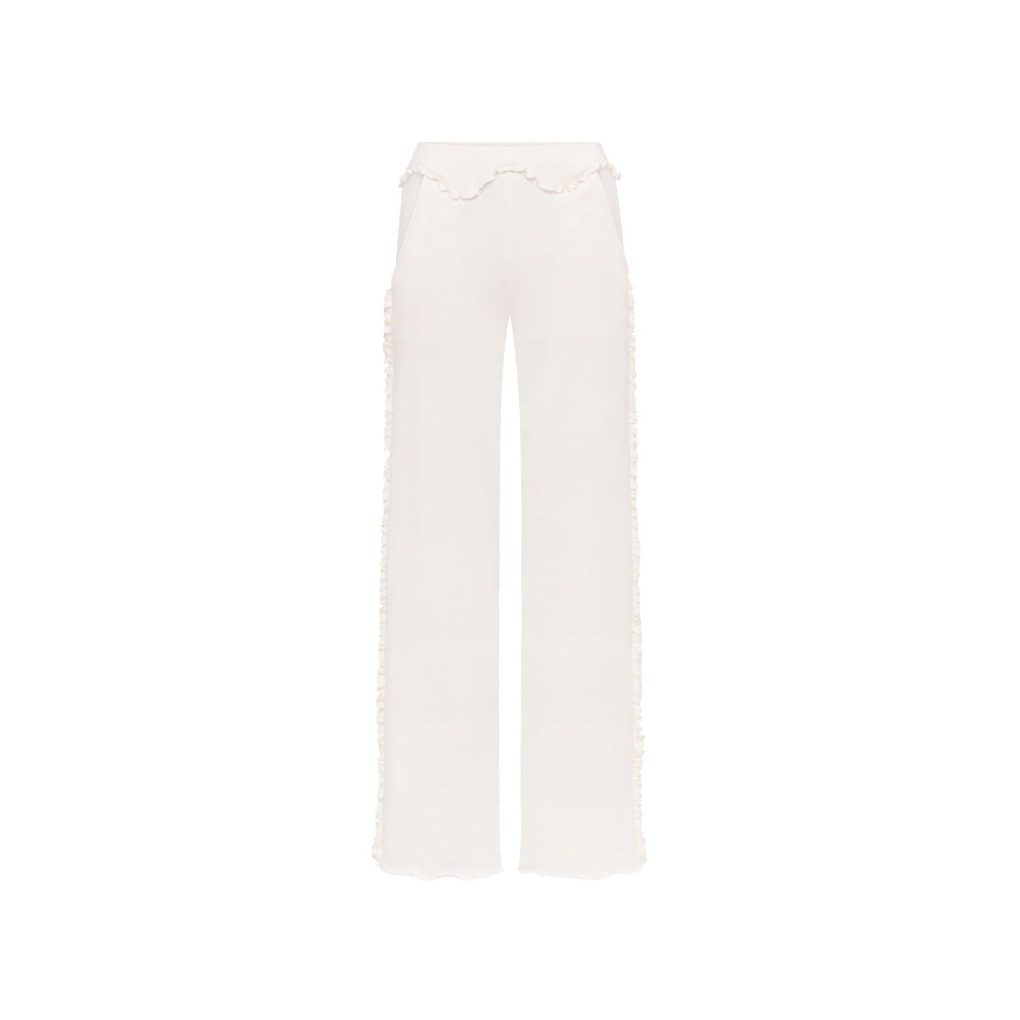 White wavy pants with scalloped elastic waistband and wide straight legs