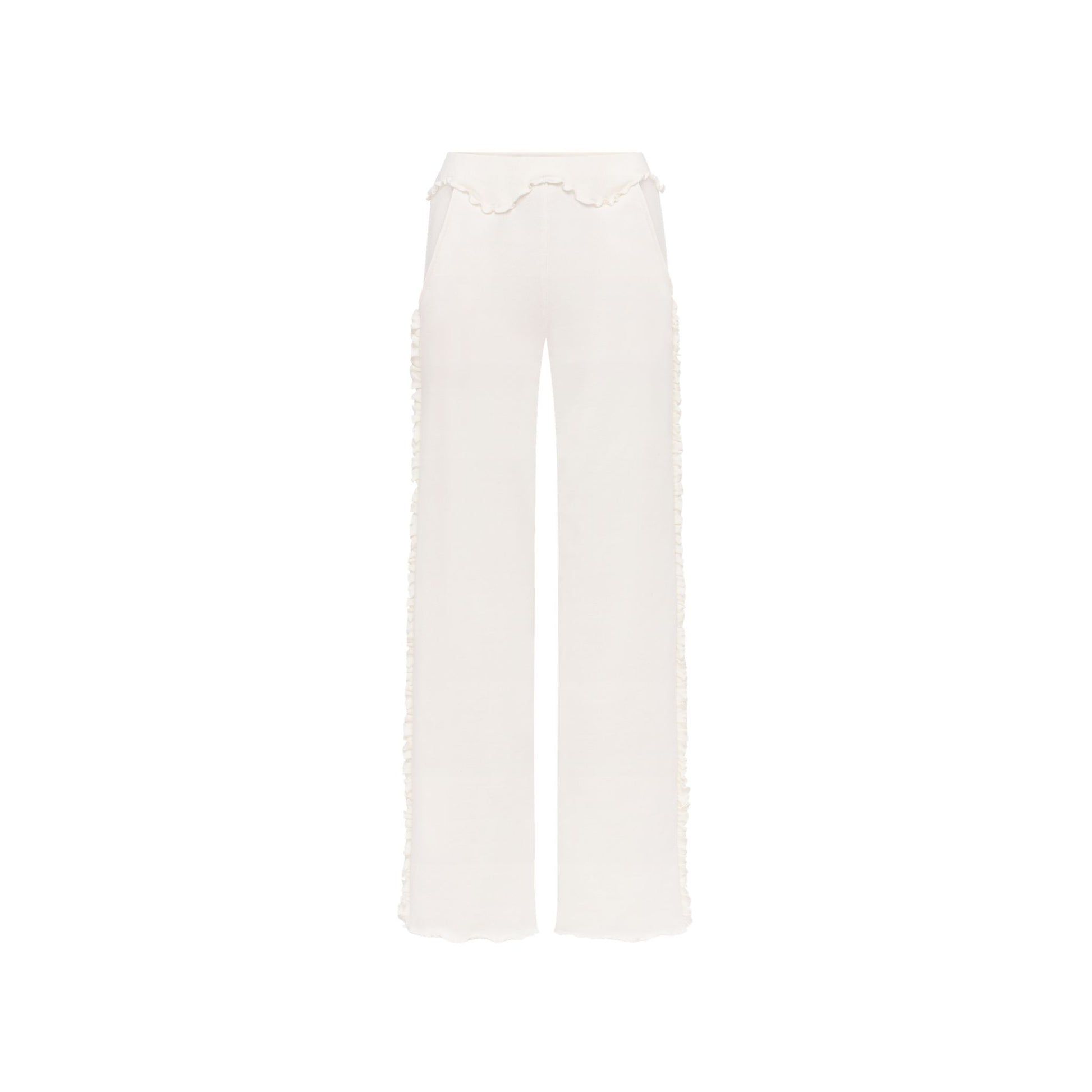 White wavy pants with scalloped elastic waistband and wide straight legs