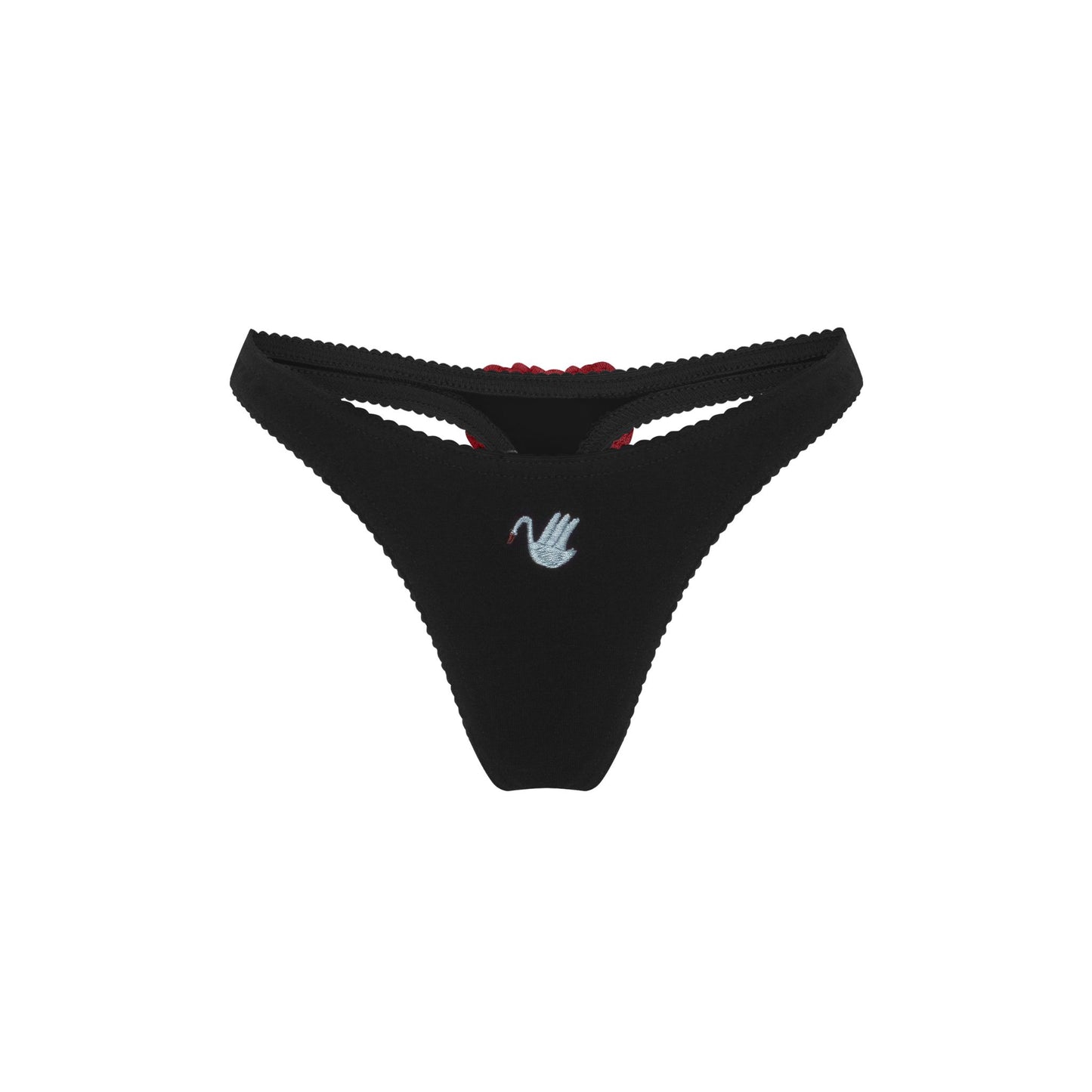 Black thong with small blue swan logo on front
