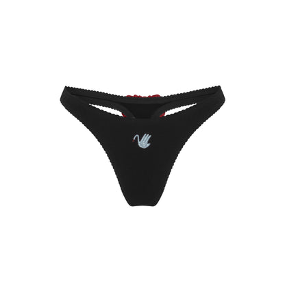 Black thong with small blue swan logo on front