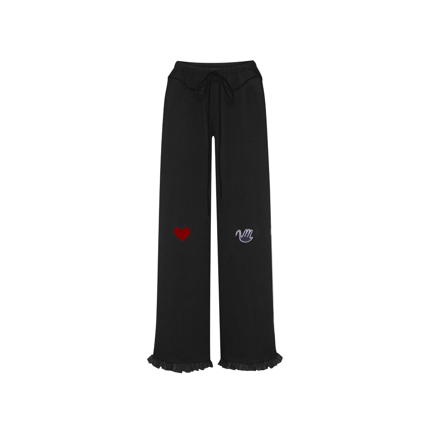 Black wide-leg pants with drawstring waist, ruffled cuffs, red heart and swan patches