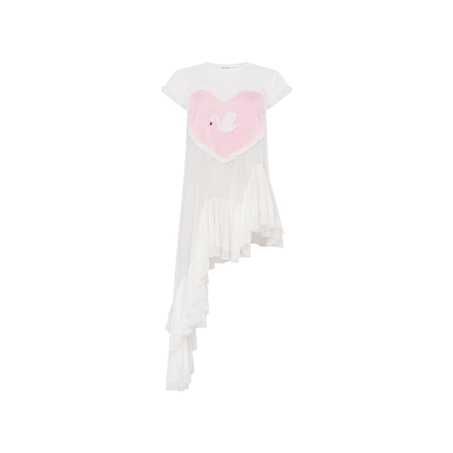 White ruffle top with pink heart applique and asymmetrical tiered hem
