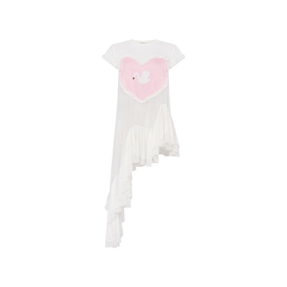 White ruffle top with pink heart applique and asymmetrical tiered hem