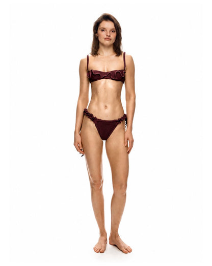 Bikini top with ruffled wave trim and tie strings, dark burgundy