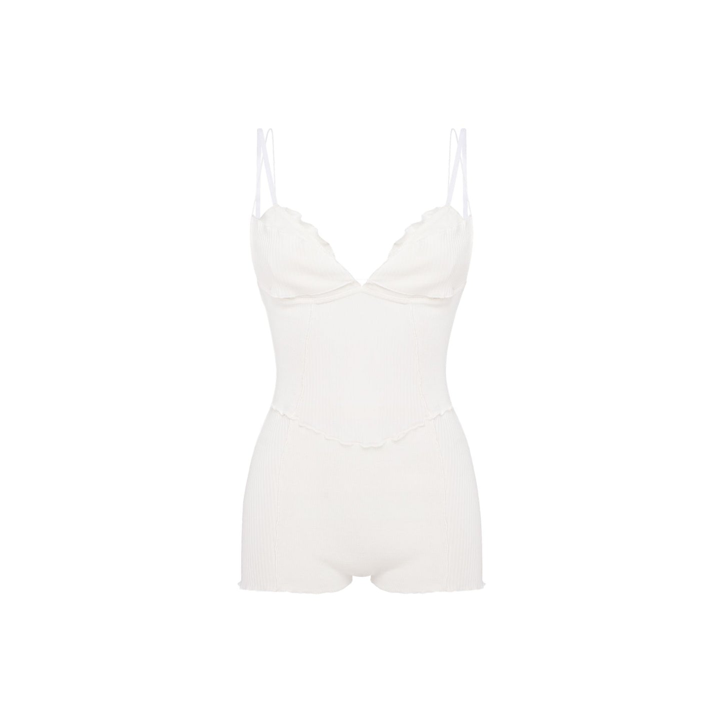 White layered bodysuit with underwire cups, thin straps, and short bottoms