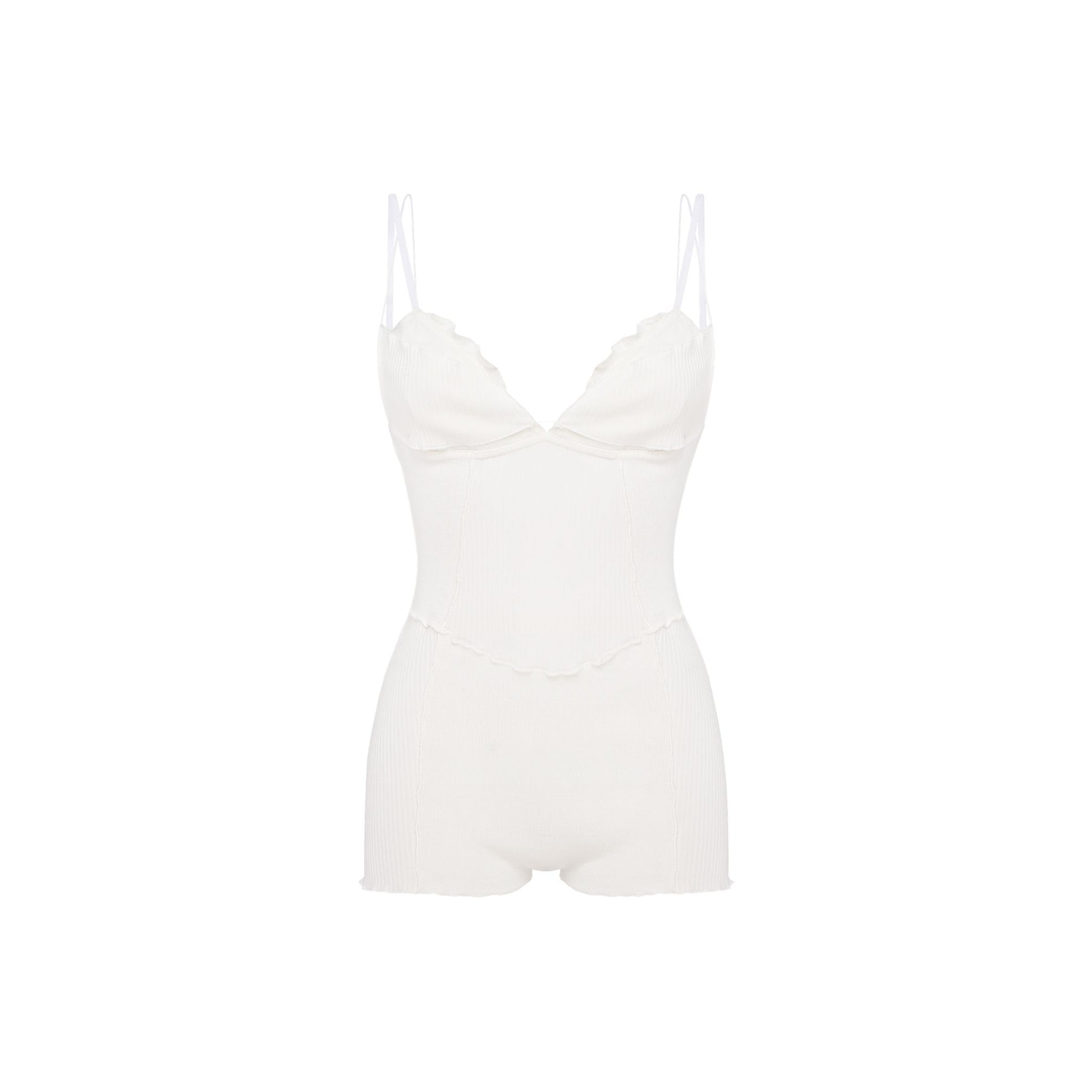 White layered bodysuit with underwire cups, thin straps, and short bottoms