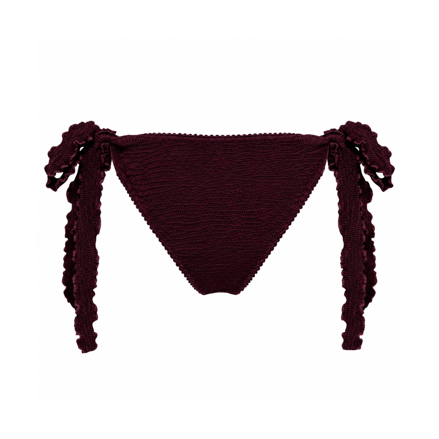 Bikini tanga bottoms with side tie tassels and gathered triangle front