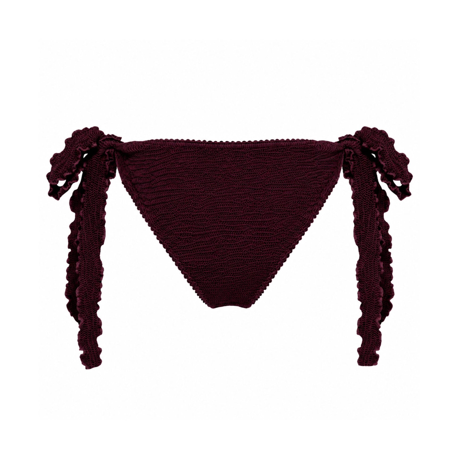 Bikini tanga bottoms with side tie tassels and gathered triangle front