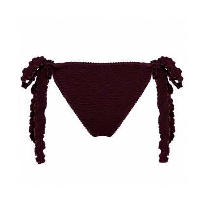 Bikini tanga bottoms with side tie tassels and gathered triangle front