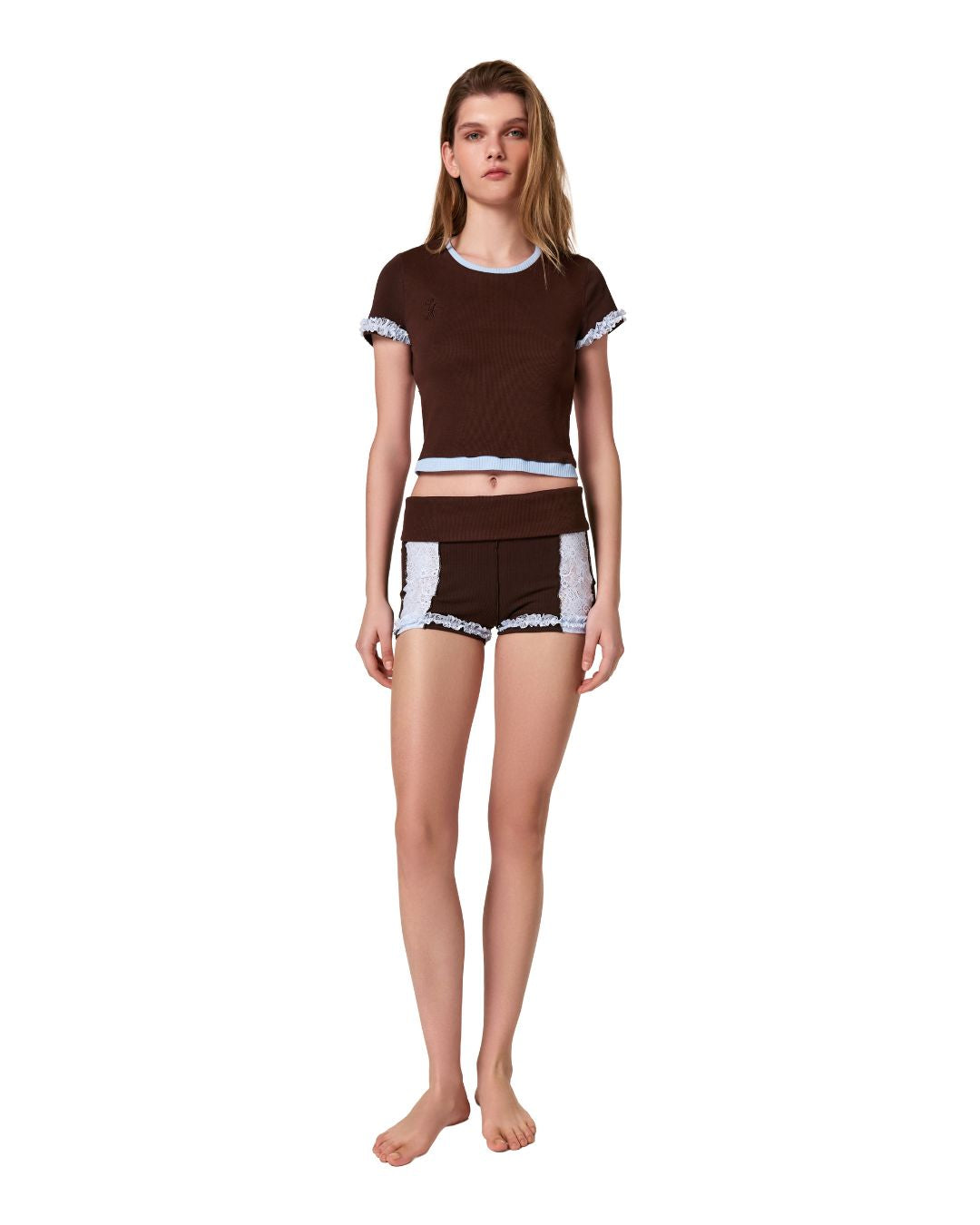 Brown cropped t-shirt with light blue ribbed collar and hem, plus lace sleeve trim.