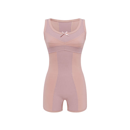 Pink sleeveless mesh jumpsuit romper with bow neckline and short-leg cut