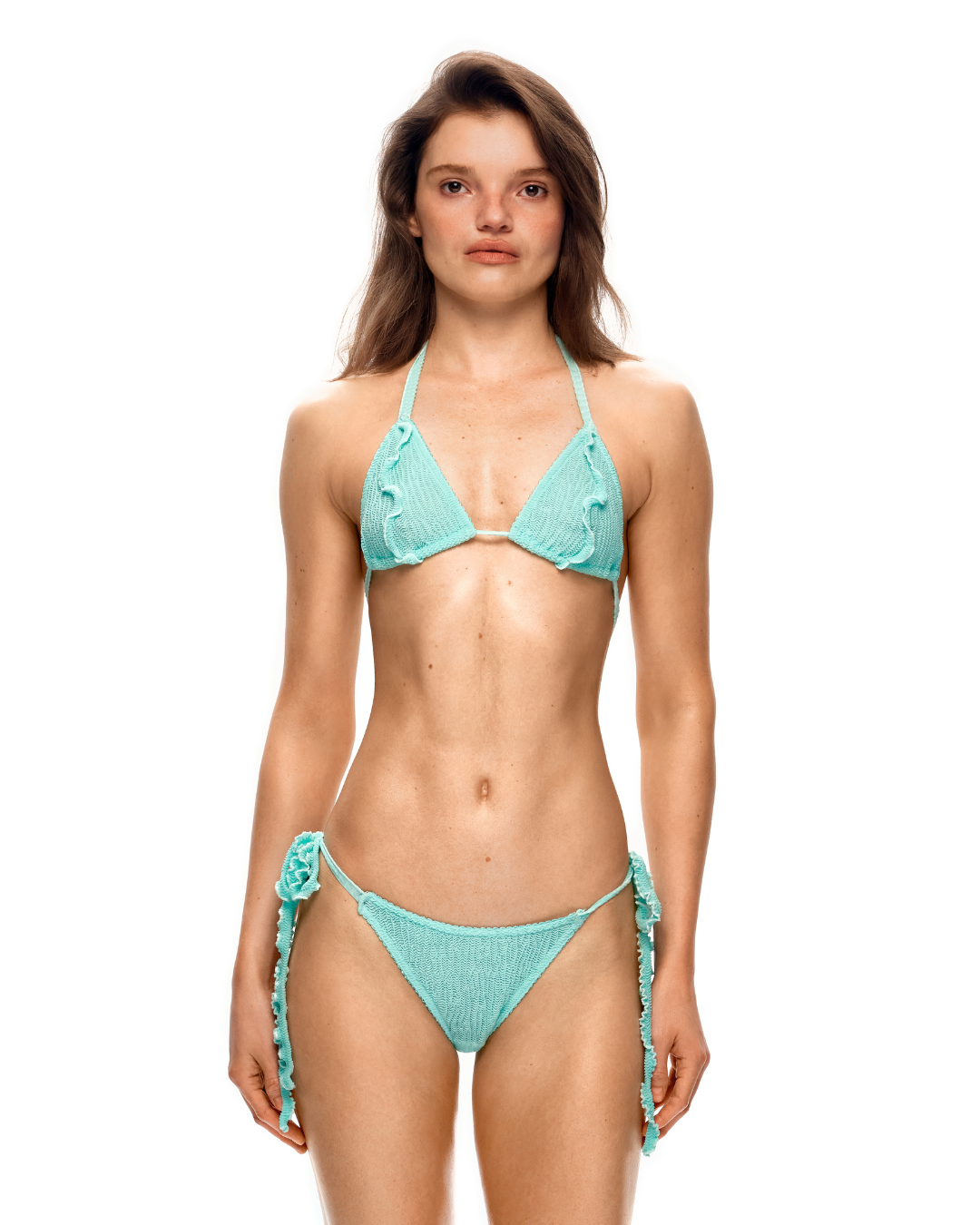 Mint triangle bikini top with tie straps and tassel trim at cups