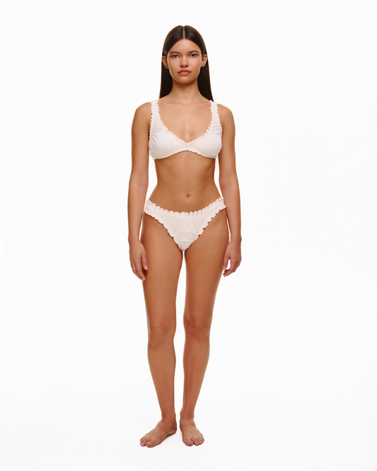 White ruffled tanga underwear shown with a matching bra