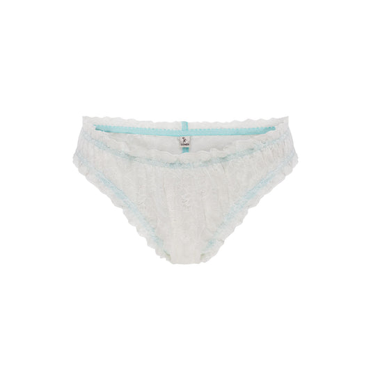 White lace thong with scalloped edges and light blue waistband trim